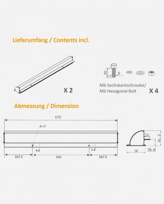Aluminium Montagespoiler zonnepaneel 670 mm zwart