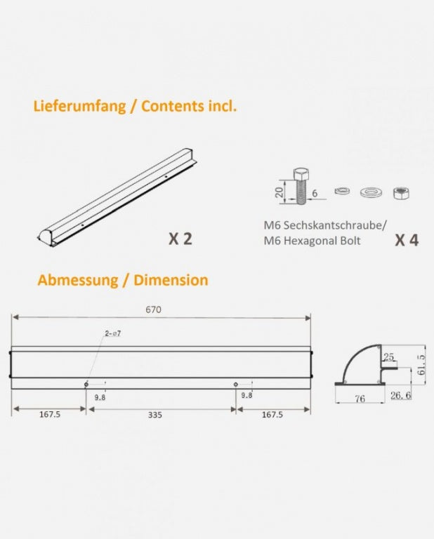 Aluminium Montagespoiler zonnepaneel 670 mm zwart